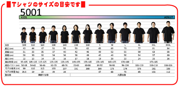 Tシャツサイズの目安